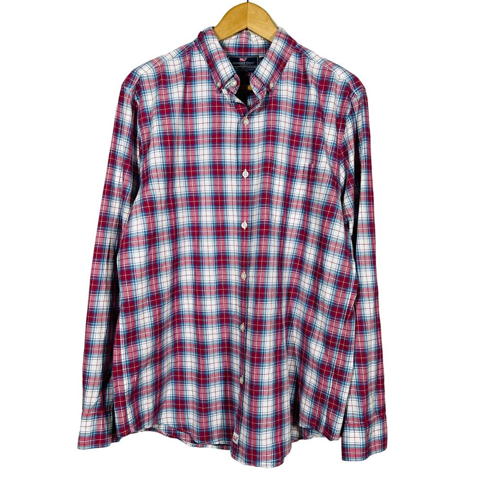 Vineyard Vines Button Up Shirt Long Sleeve Plaid Red White Blue Casual - L